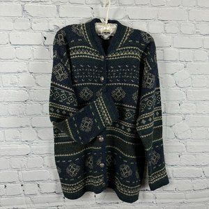 Ilanco Collection Vintage Grandmacore Button Up Sweater, Size L, Blue/Green/Gray